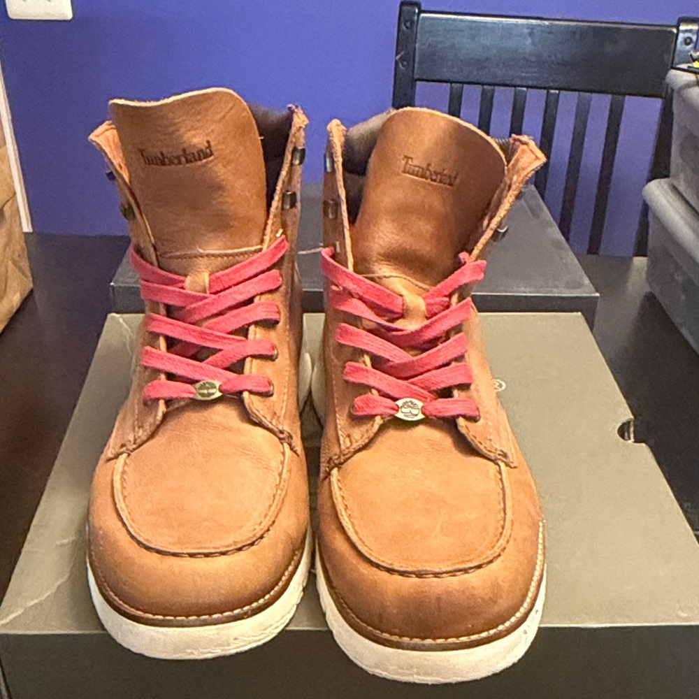 Timberland Brown Leather Moc Toe Boots with White Sole